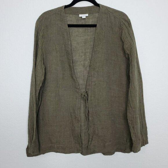 J. Jill Womens Cardigan Size L Tie Front Linen Pleat Sleeve Green Coverup Beachy - Picture 1 of 10